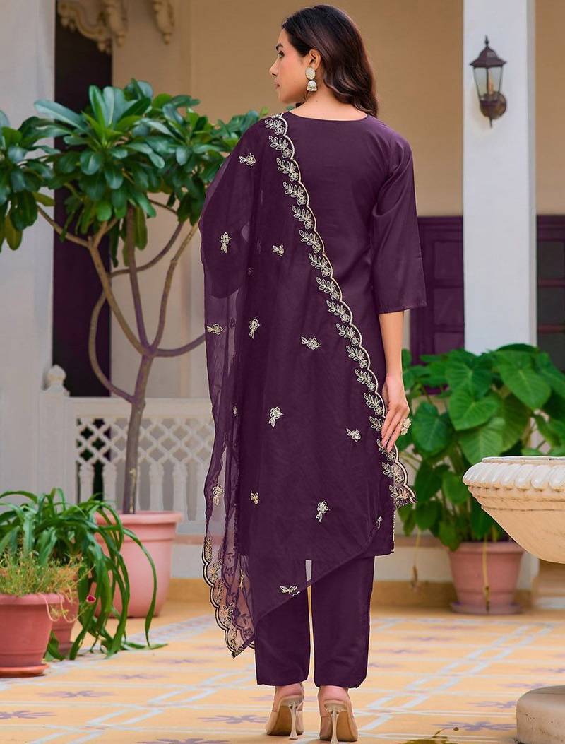 floral embroidered chanderi cotton straight kurta with trousers & dupatta
