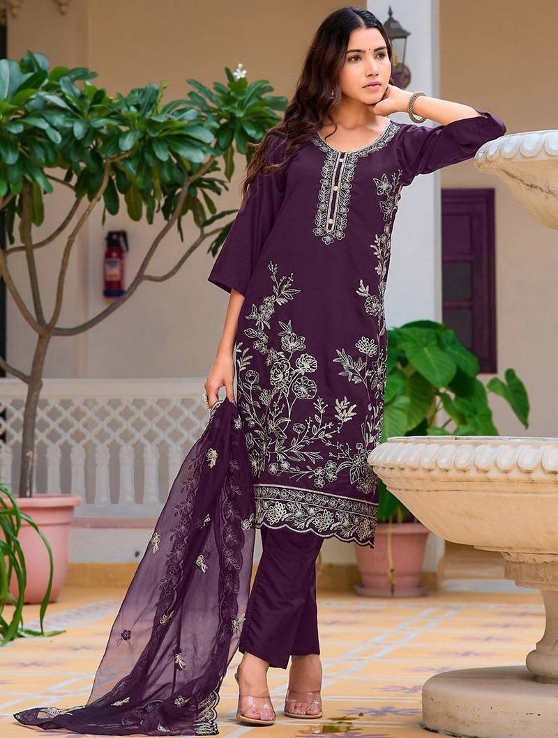floral embroidered chanderi cotton straight kurta with trousers & dupatta
