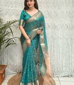 Teal woven design zari organza designer banarasi saree