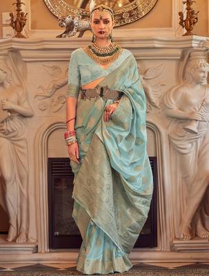 Blue women woven design jaali silk blend banarasi saree 1