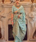 Blue women woven design jaali silk blend banarasi saree