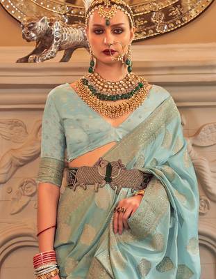Blue women woven design jaali silk blend banarasi saree 2