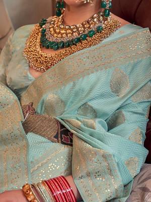 Blue women woven design jaali silk blend banarasi saree 3