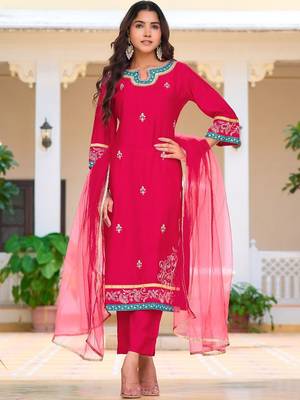floral embroidered mirror work chanderi cotton kurta & trousers & dupatta 1