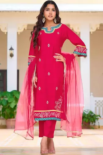floral embroidered mirror work chanderi cotton kurta & trousers & dupatta