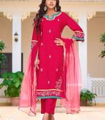 floral embroidered mirror work chanderi cotton kurta & trousers & dupatta