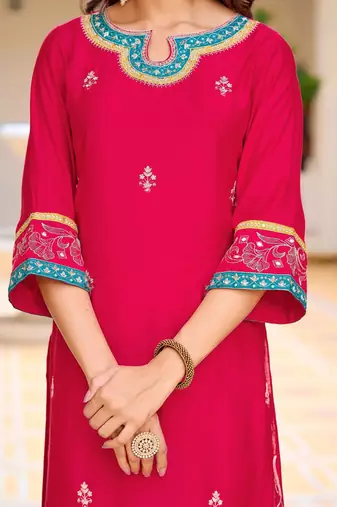 floral embroidered mirror work chanderi cotton kurta & trousers & dupatta