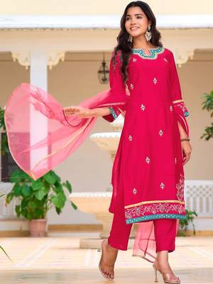 floral embroidered mirror work chanderi cotton kurta & trousers & dupatta 4