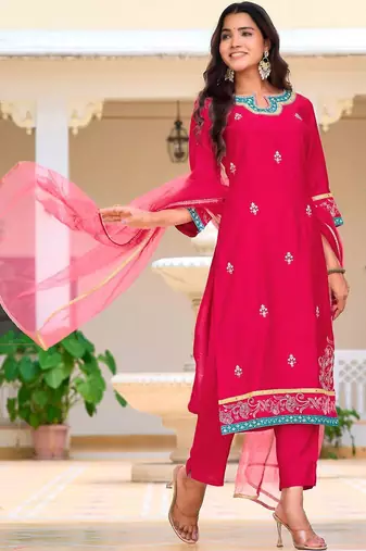 floral embroidered mirror work chanderi cotton kurta & trousers & dupatta