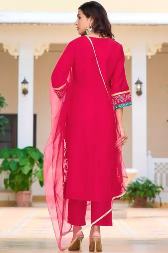 floral embroidered mirror work chanderi cotton kurta & trousers & dupatta