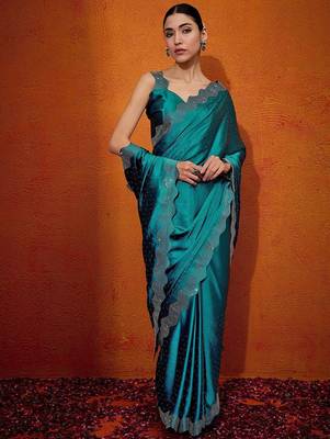Teal embellished beads and stones satin saree 1