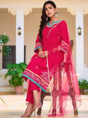 floral embroidered mirror work chanderi cotton kurta & trousers & dupatta 6