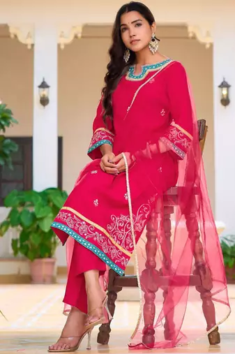 floral embroidered mirror work chanderi cotton kurta & trousers & dupatta