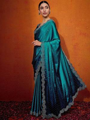 Teal embellished beads and stones satin saree 2