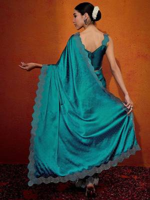 Teal embellished beads and stones satin saree 3