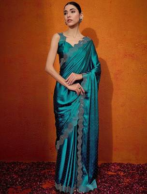 Teal embellished beads and stones satin saree 4