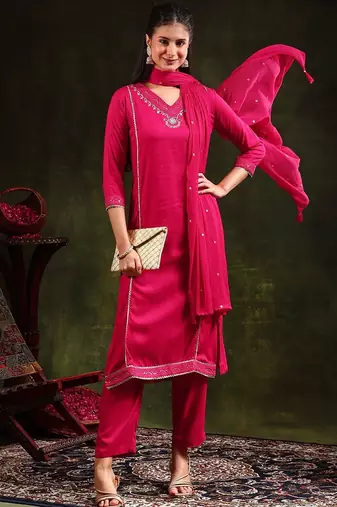 floral embroidered sequinned straight kurta with trouser & dupatta