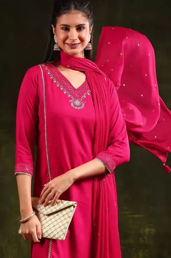 floral embroidered sequinned straight kurta with trouser & dupatta