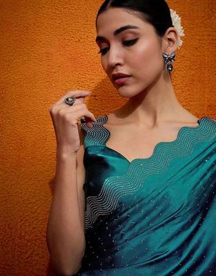 Teal embellished beads and stones satin saree 5