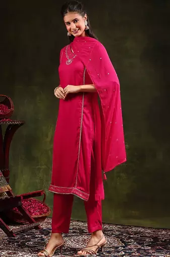 floral embroidered sequinned straight kurta with trouser & dupatta