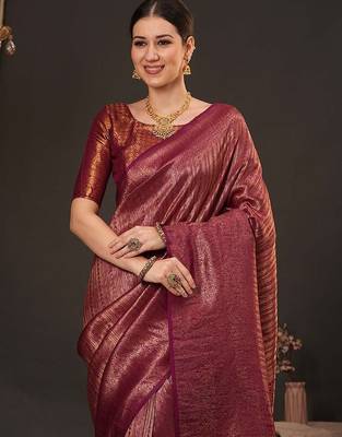 Maroon woven design zari silk blend kanjeevaram saree 1