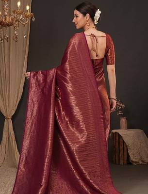 Maroon woven design zari silk blend kanjeevaram saree 4