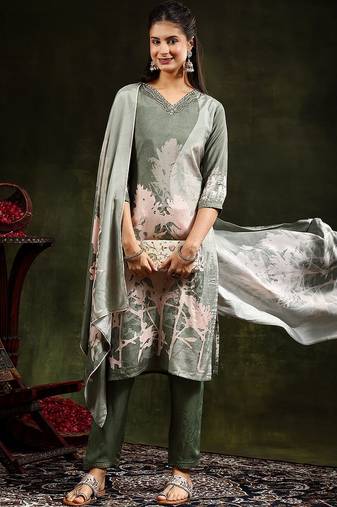 floral printed regular  silk straight kurta with trousers & dupatta
