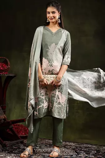 floral printed regular  silk straight kurta with trousers & dupatta
