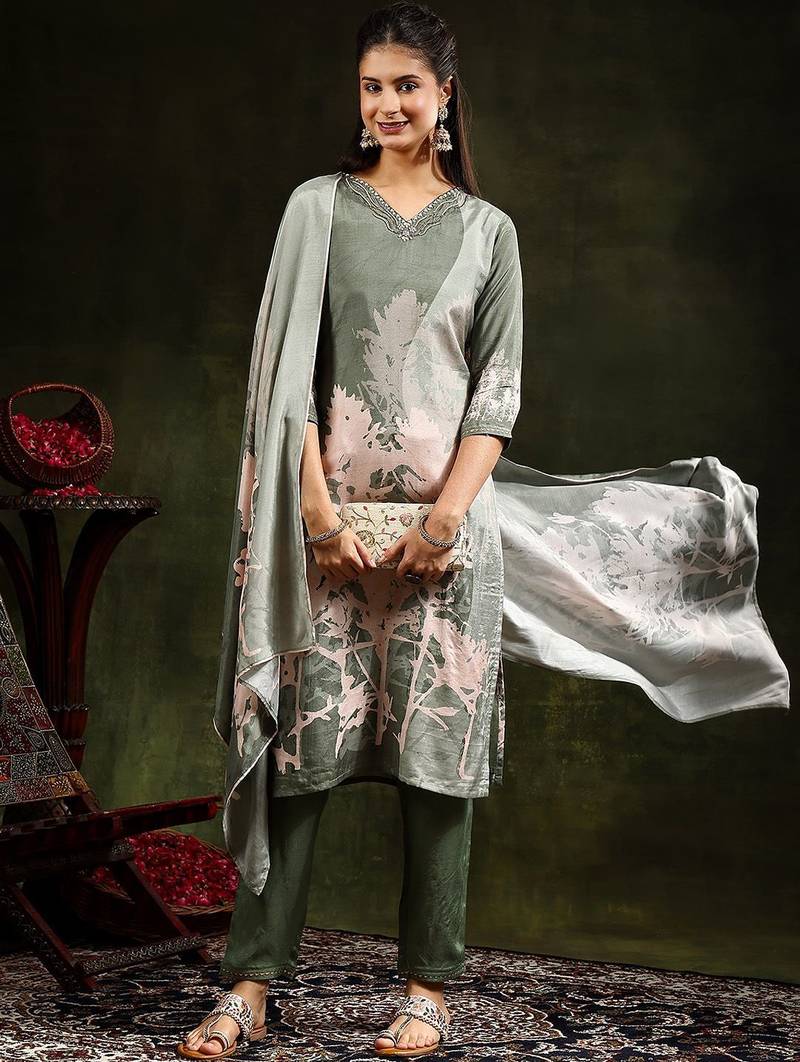 floral printed regular  silk straight kurta with trousers & dupatta
