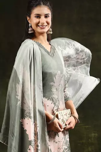 floral printed regular  silk straight kurta with trousers & dupatta