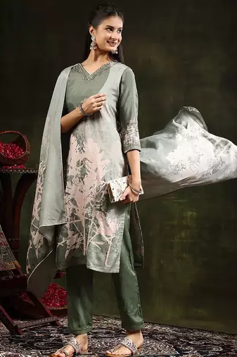 floral printed regular  silk straight kurta with trousers & dupatta