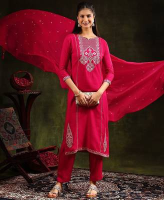 floral embroidered mirror work straight kurta with trouser & dupatta 1