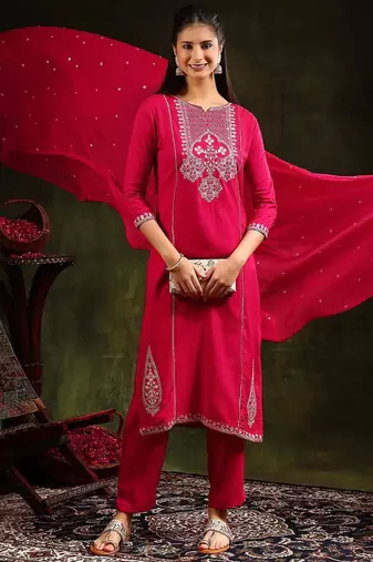 floral embroidered mirror work straight kurta with trouser & dupatta