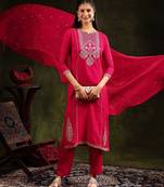 floral embroidered mirror work straight kurta with trouser & dupatta