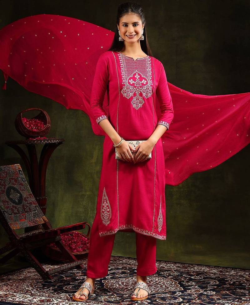 floral embroidered mirror work straight kurta with trouser & dupatta