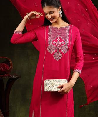floral embroidered mirror work straight kurta with trouser & dupatta 2