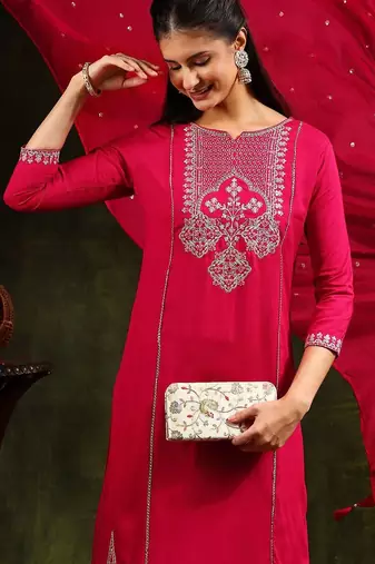 floral embroidered mirror work straight kurta with trouser & dupatta