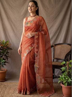 Rust checked embroidered  cotton saree with unstitched blouse piece 1