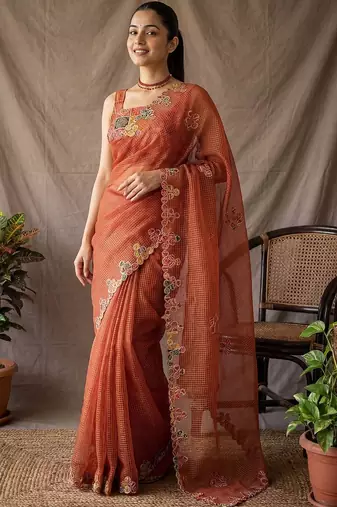 Rust checked embroidered  cotton saree with unstitched blouse piece