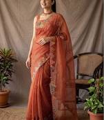 Rust checked embroidered  cotton saree with unstitched blouse piece