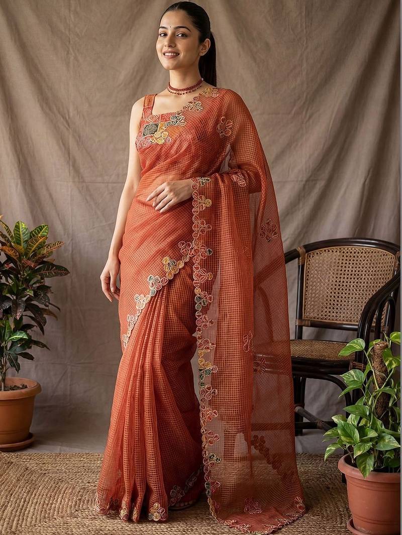 Rust checked embroidered  cotton saree with unstitched blouse piece
