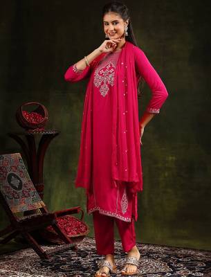 floral embroidered mirror work straight kurta with trouser & dupatta 4