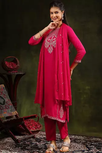 floral embroidered mirror work straight kurta with trouser & dupatta