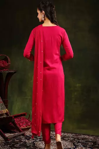 floral embroidered mirror work straight kurta with trouser & dupatta