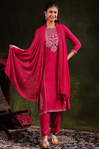 floral embroidered mirror work straight kurta with trouser & dupatta