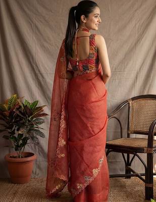 Rust checked embroidered  cotton saree with unstitched blouse piece 2