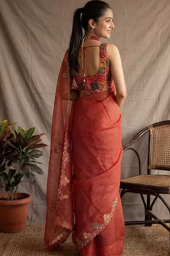 Rust checked embroidered  cotton saree with unstitched blouse piece
