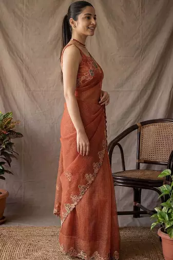 Rust checked embroidered  cotton saree with unstitched blouse piece