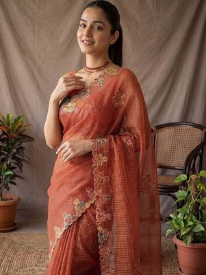 Rust checked embroidered  cotton saree with unstitched blouse piece 4
