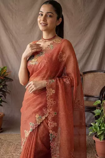 Rust checked embroidered  cotton saree with unstitched blouse piece